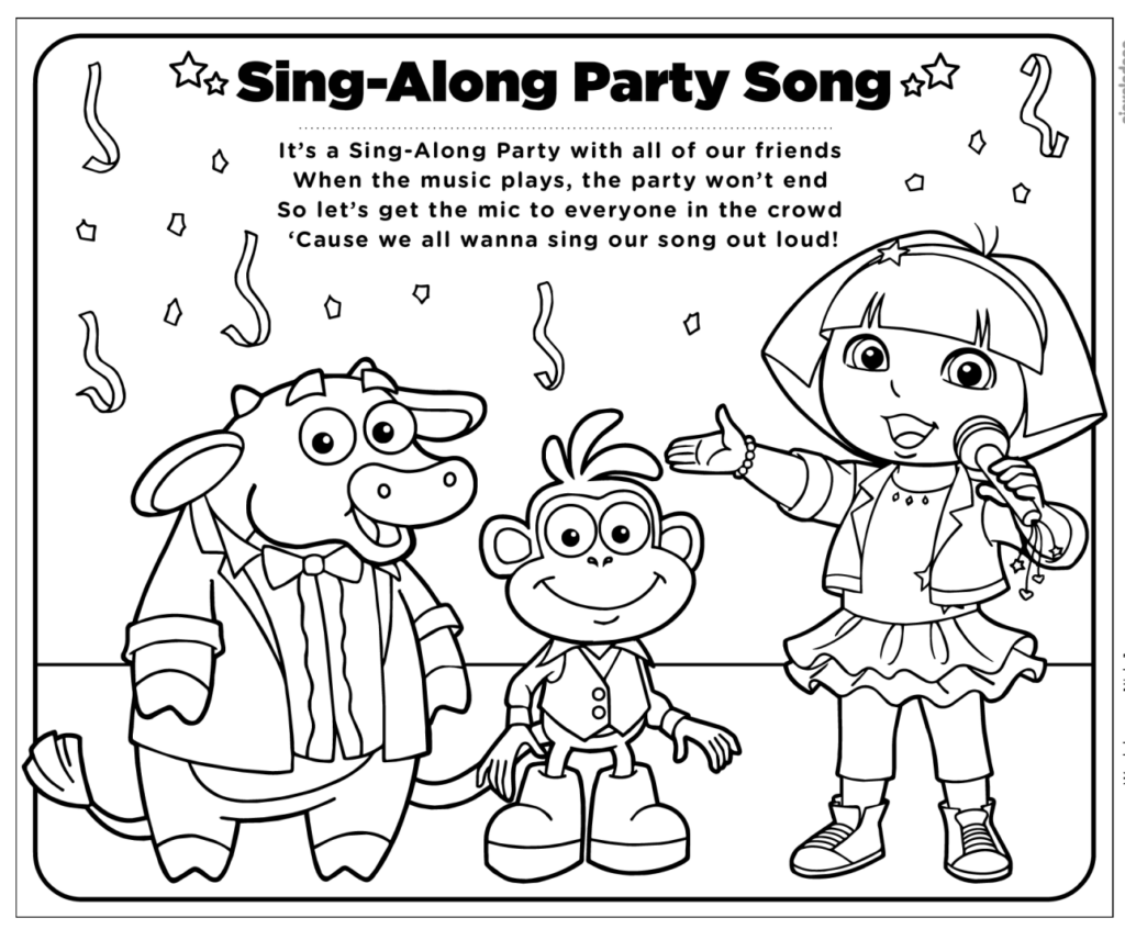 Dora party Song Printable Coloring Page