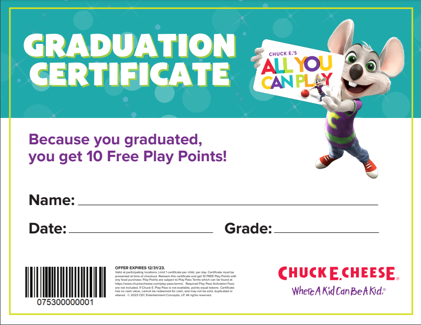 Chuck E Cheese Graduation Certificate