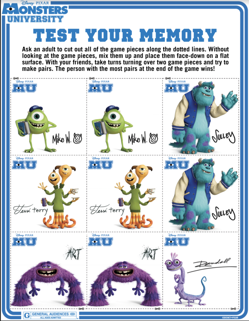 Monsters University Free Printable Memory Game