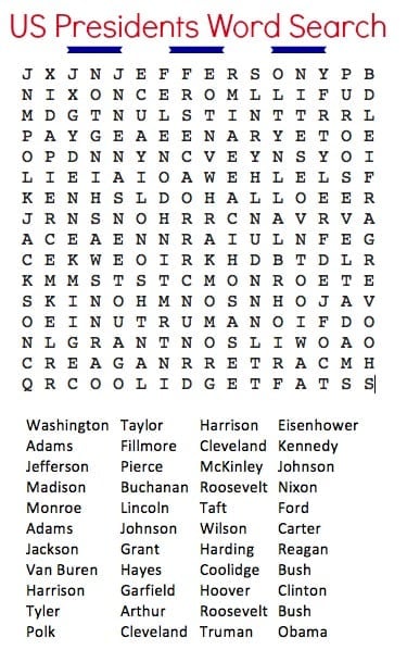 us presidents word search