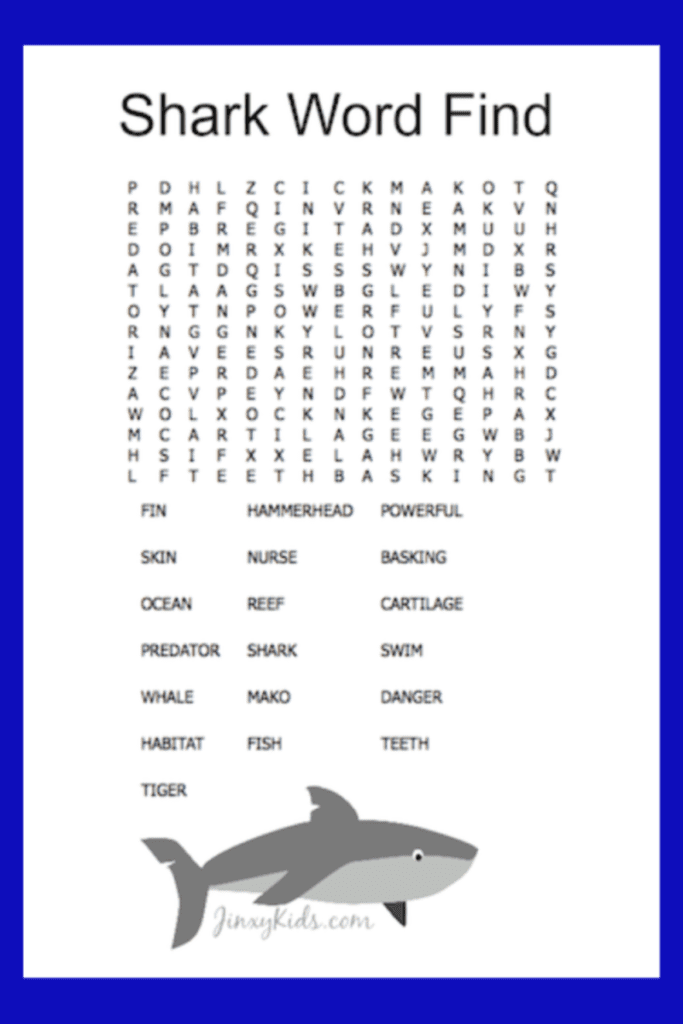 Shark Word Find Puzzle Perfect for Shark Week Jinxy Kids