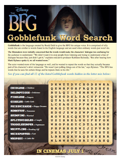The BFG Gobblefunk Word Search