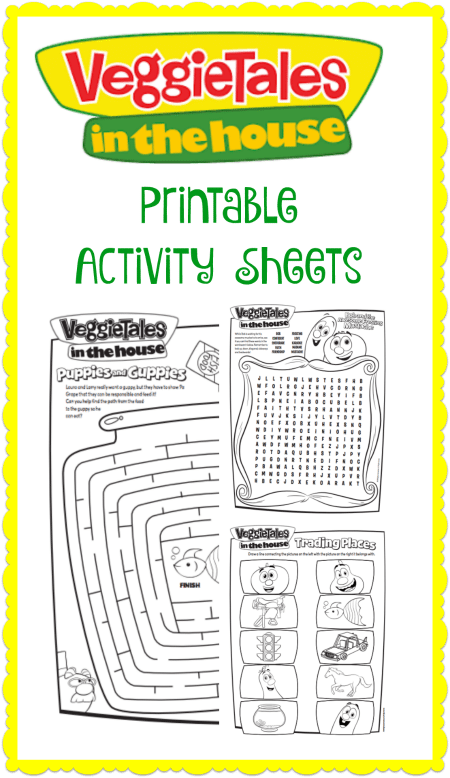 These fun Veggie Tales in the House Printable Activity Sheets include a maze, word find puzzle and matching game!