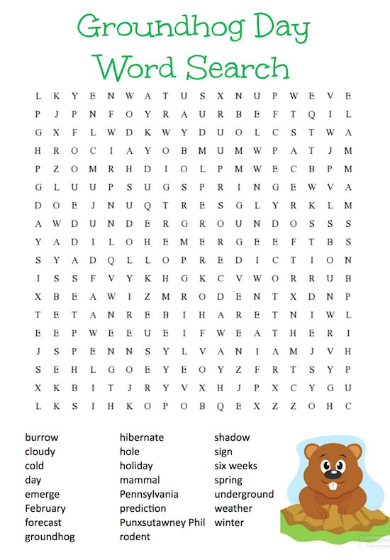 This fun, FREE Printable Groundhog Day Word Search puzzle contains 23 words relating to the holiday, its legend and the weather.