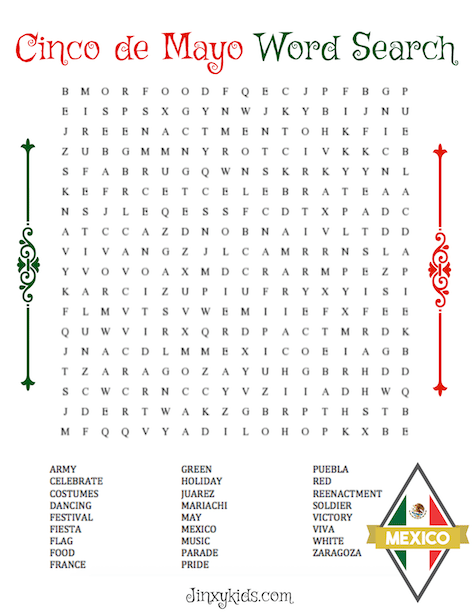 Free Printable Cinco de Mayo Word Search Puzzle - Help your kids learn about the history and traditions surrounding the Mexican holiday of Cinco de Mayo with this fun word find!