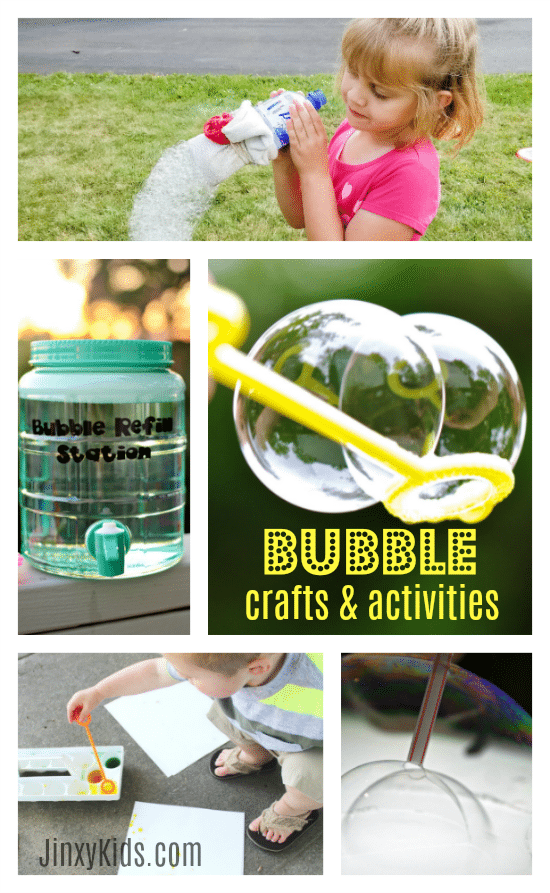 These Bubble Crafts and Activities include recipes for unbreakable bubbles, a DIY bubble refill station, painting with bubbles and more!