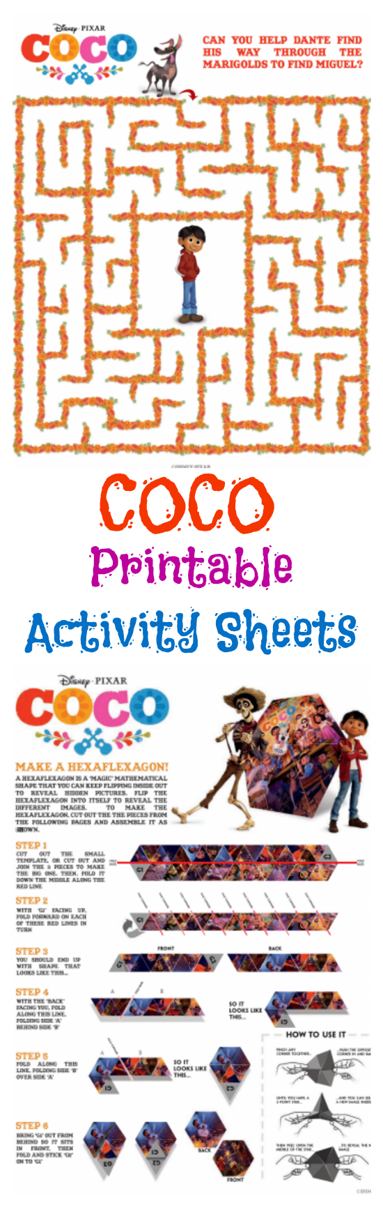 These fun these printable Disney Pixar COCO activity sheets include coloring sheets, a maze and a papercraft activity.