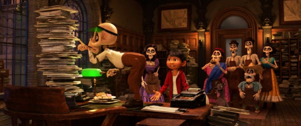 scene from coco movie, office full of papers and skeletons