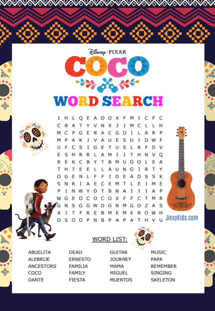 Mockingbird Penmanship barricade Free Printable COCO Word Search Puzzle - Jinxy Kids