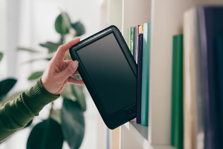 Bookshelf with Tablet and homeschool supplies