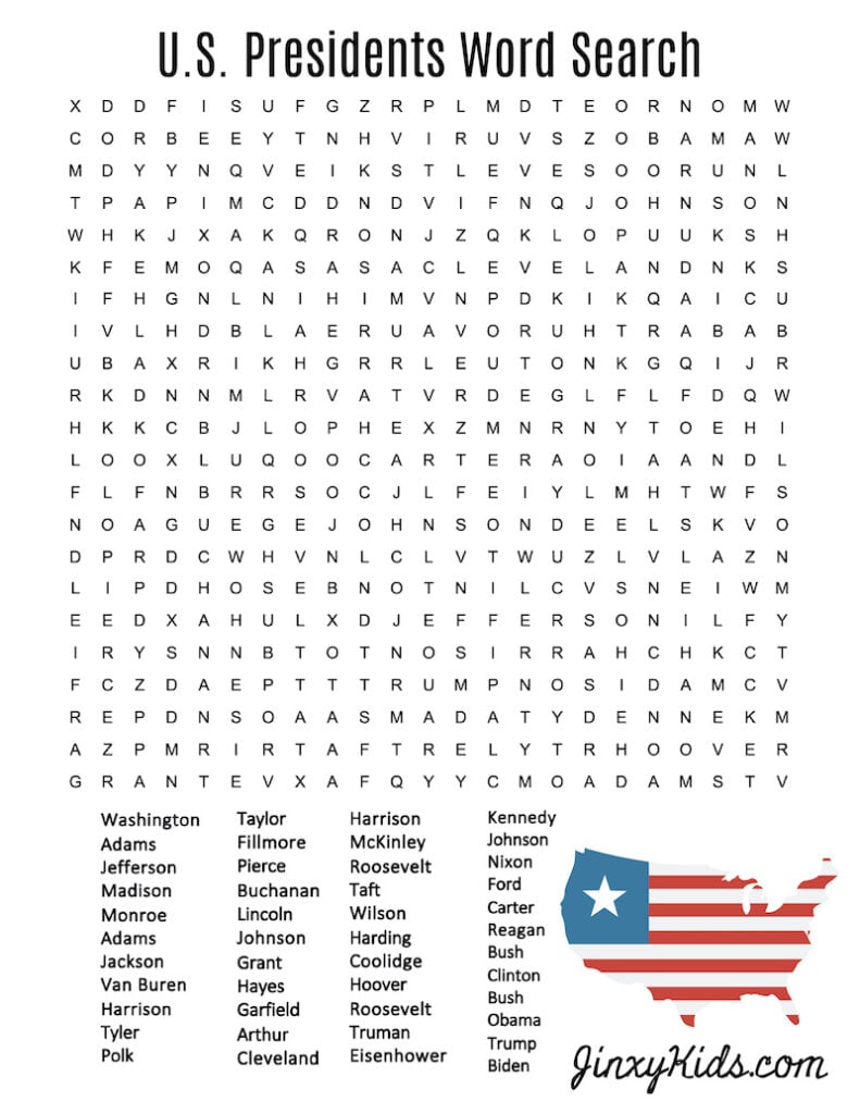 US Presidents Word Search Updated