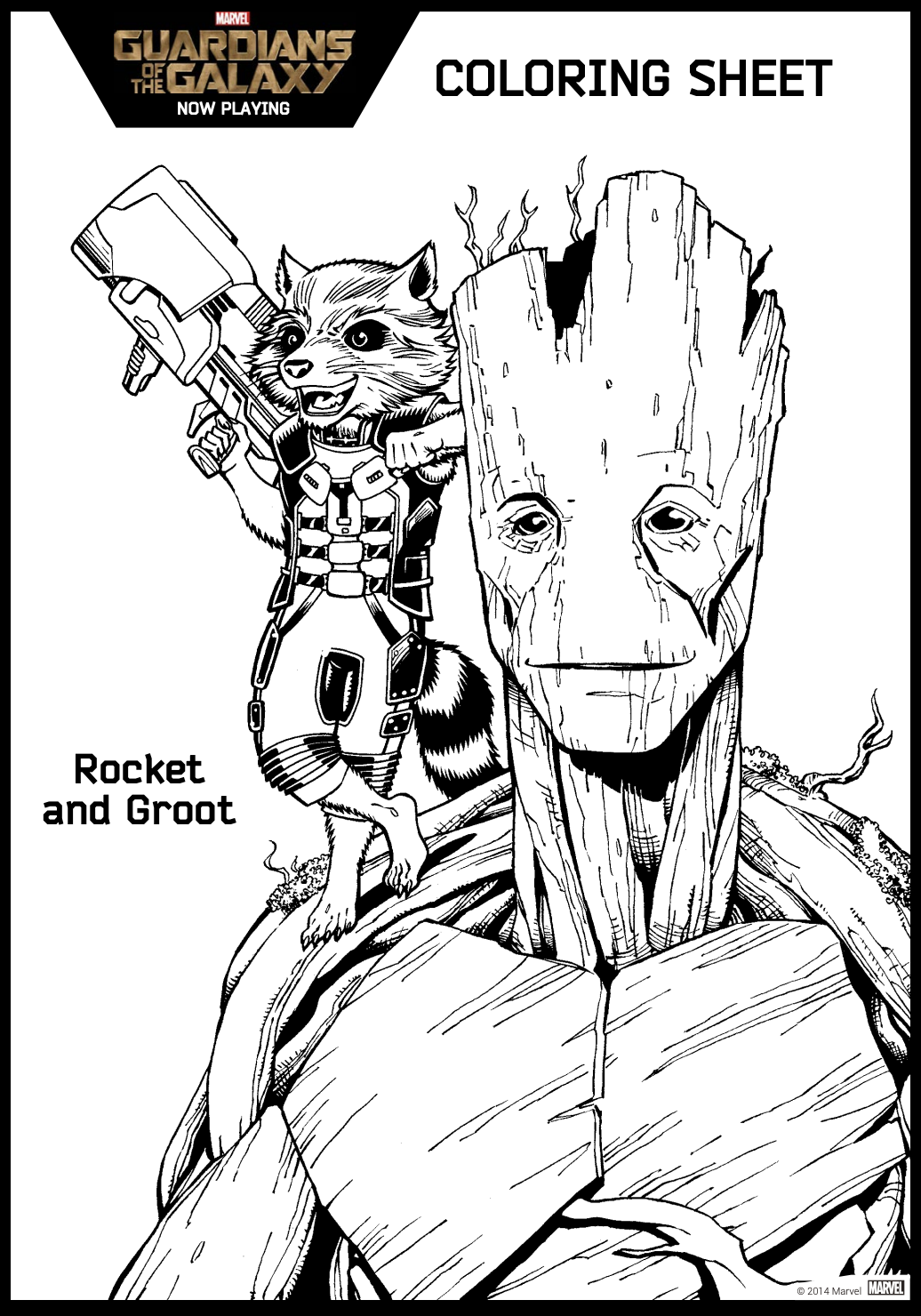 Rocket and Groot printable coloring page