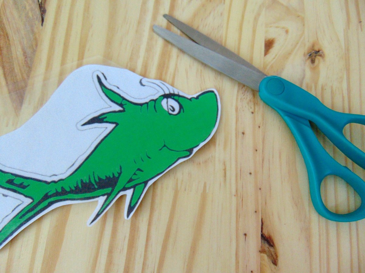 Dr. Seuss green fish cut-out after contact paper