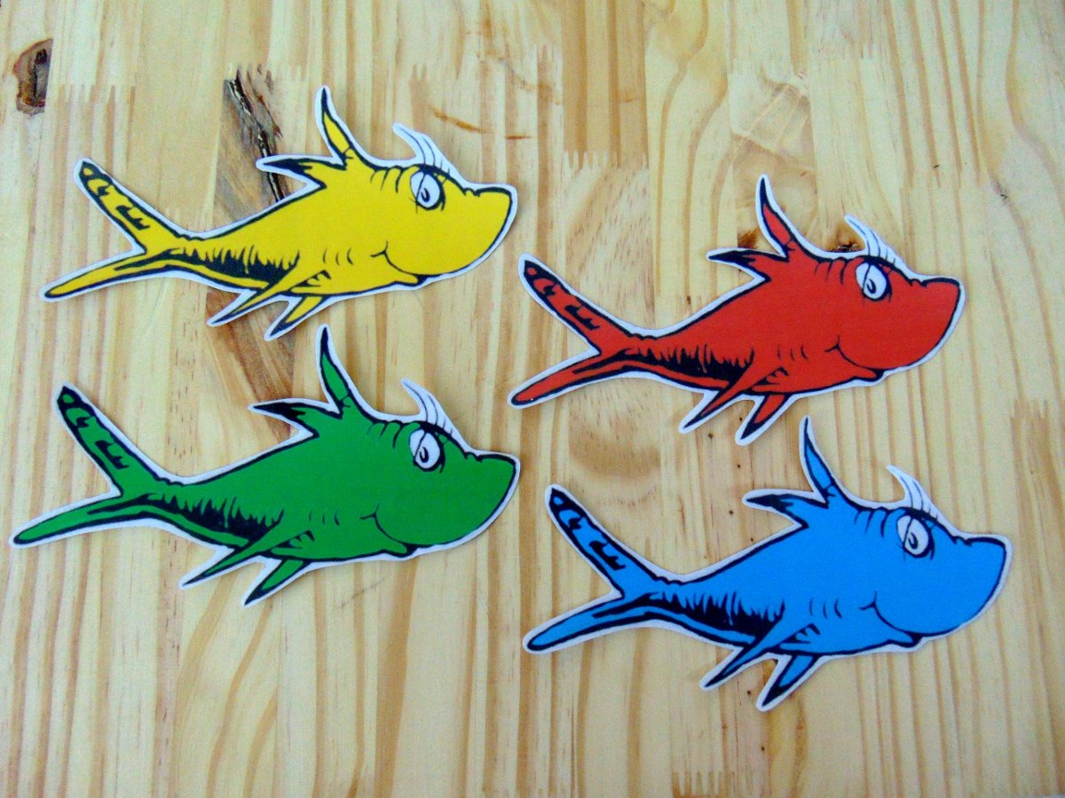 Dr. Seuss fish pieces, yellow, red, green, and blue.