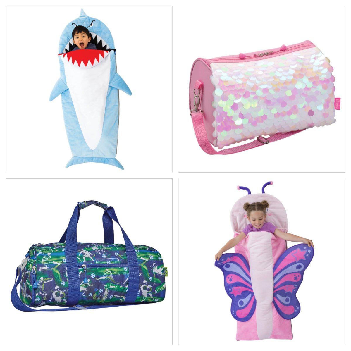 Bixbee sleeping bags- shark and butterfly. 2 duffle bags.