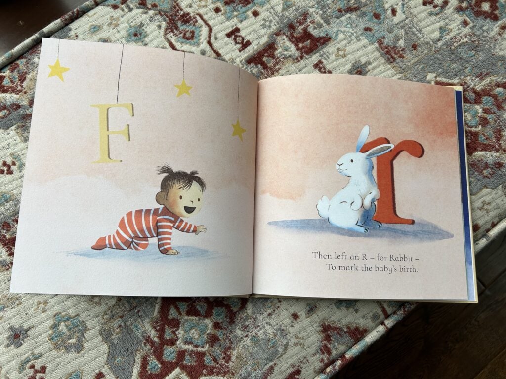 Freya custom book- rabbit on page giving Freya an R.