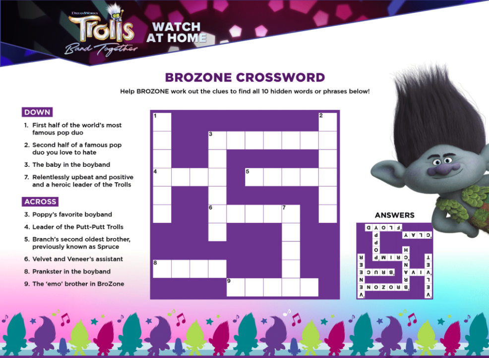 Free Printable Trolls Crossword Puzzle.