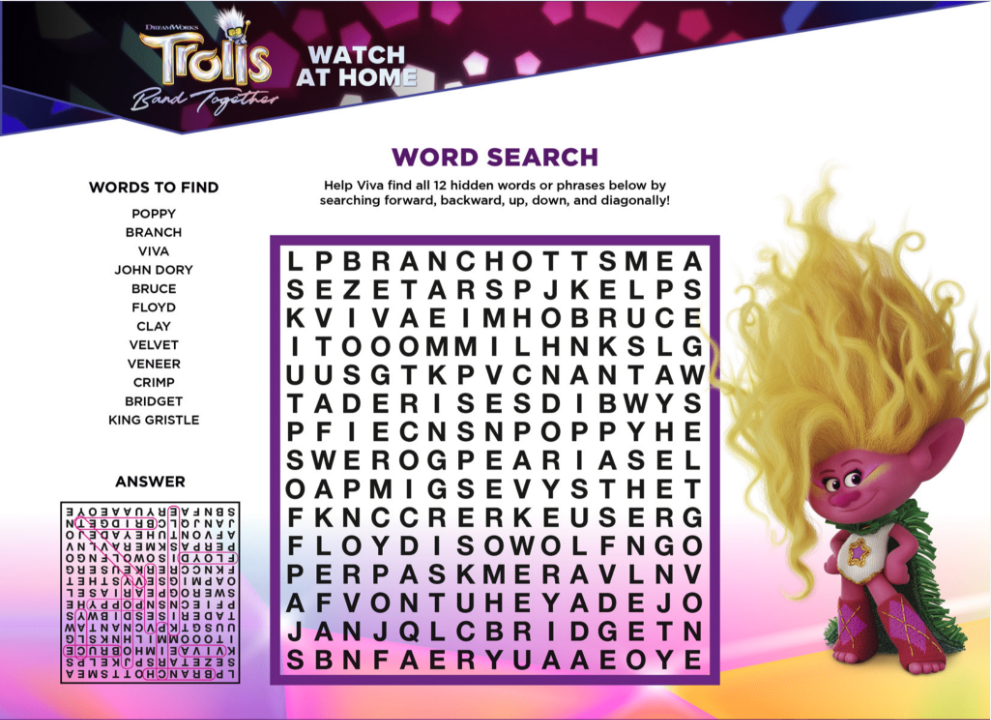 Free Printable Trolls Word Search Puzzle.