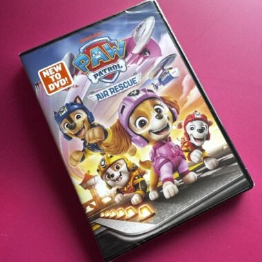 Paw Patrol Air Rescue DVD on pink background.