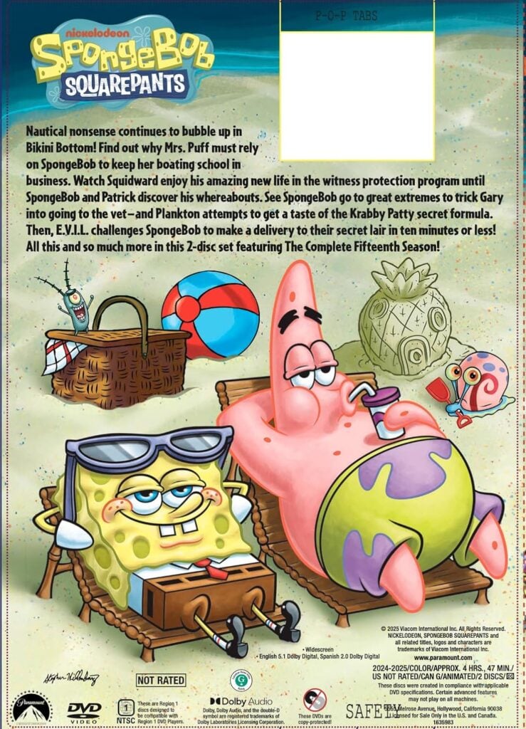 SpongeBob SquarePants: Season 15 DVD Back Cover.